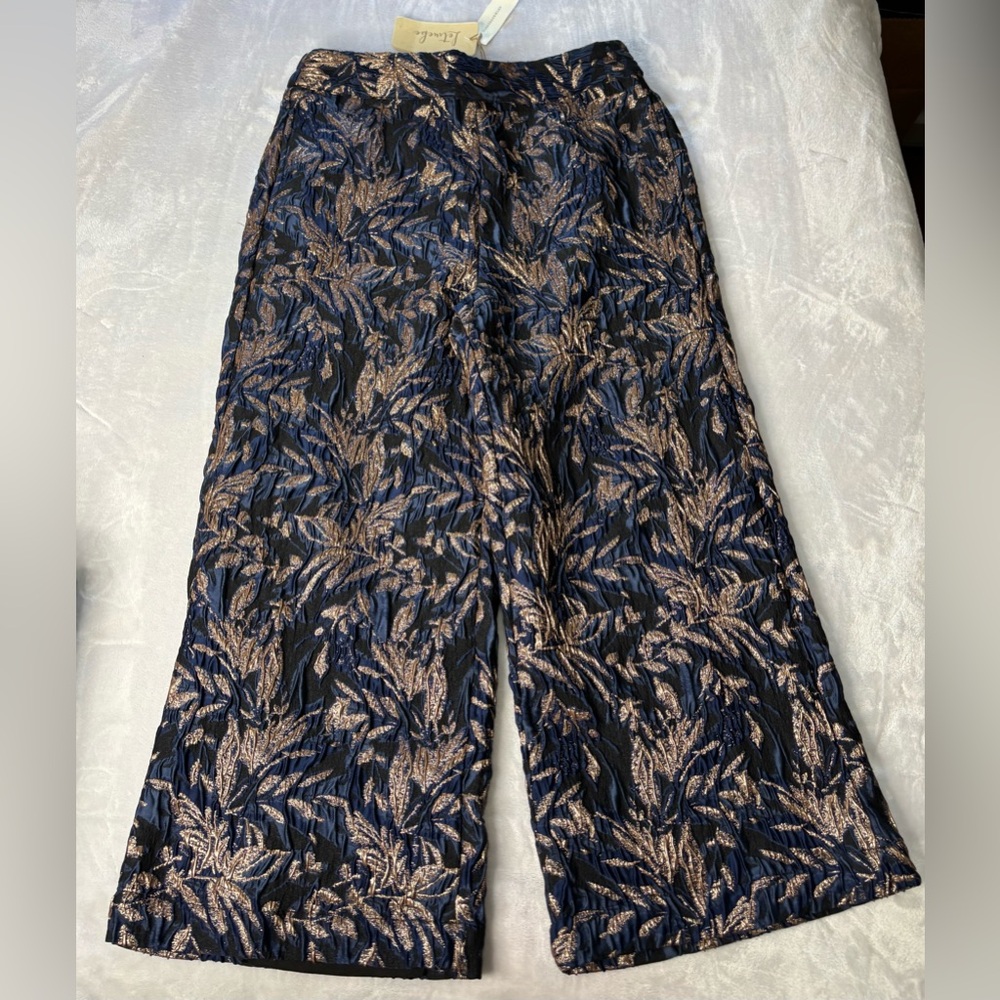 Anthropologie Navy with Gold Leaf Jacquard Wide Leg Pants Size Medium NWT - Picture 3 of 16